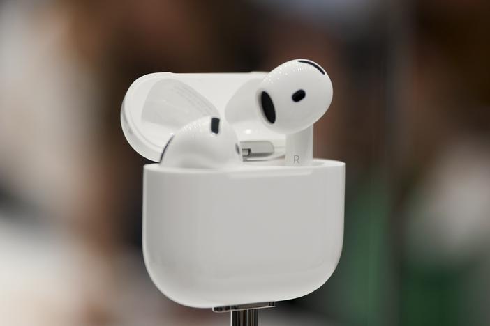 AirPods are displayed during an announcement of new products at Apple headquarters on Sept. 9 in Cupertino, Calif.