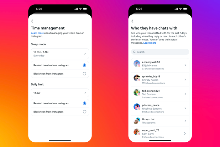  A view of what two features look like for Instagram's Teen Account, including the ability to set daily use limits and permitting parents to view with whom their teen kids are messaging. 
