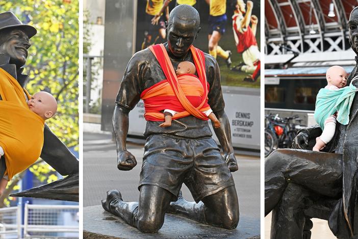 A collage of photos taken this past week of statues of actor Gene Kelly (from left), former Arsenal player Thierry Henry, and British civil engineer Isambard Kingdom Brunel.