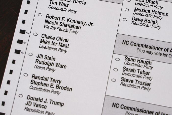 A ballot at the Mecklenburg County Board of Elections in Charlotte, N.C., Thursday, Sept. 5, 2024. (AP Photo/Nell Redmond)