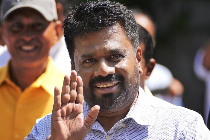 Leader and the presidential candidate of National People's Power Anura Kumara Dissanayake arrives at a polling station to cast his vote in Colombo, Sri Lanka, on Saturday.