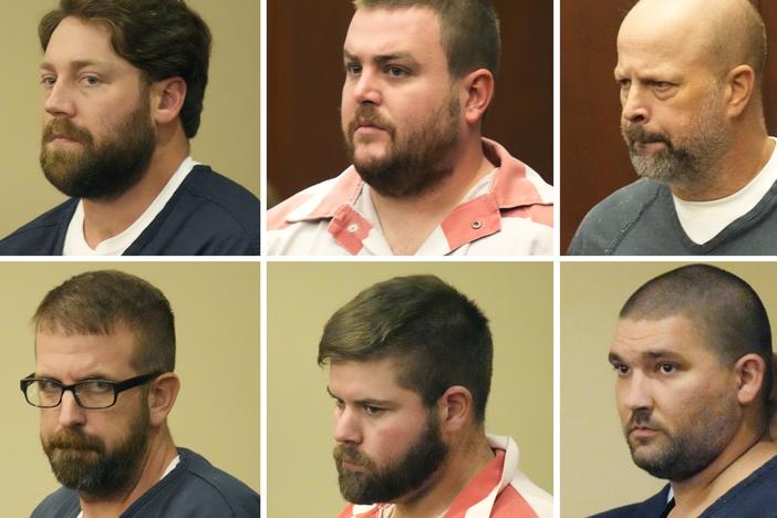 This combination of photos shows former Mississippi law enforcement officers who pleaded guilty to state and federal charges for torturing two Black men, from top left, former Rankin County sheriff’s deputies Hunter Elward, Christian Dedmon, Brett McAlpin, Jeffrey Middleton, Daniel Opdyke and former Richland police officer Joshua Hartfield, during court appearances Monday, Aug. 14, 2023, in Brandon, Miss.
