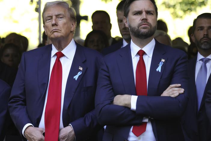 Republican presidential nominee former President Donald Trump and Republican vice presidential nominee Sen. JD Vance, R-Ohio, attend the 9/11 Memorial ceremony on the 23rd anniversary of the Sept. 11, 2001 attacks, Wednesday, Sept. 11, 2024, in New York.
