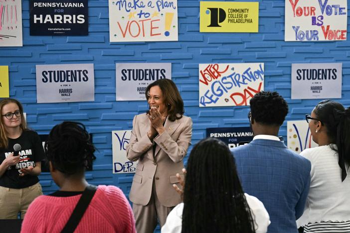 Vice President Harris speaks to student volunteers during a stop at the Community College of Philadelphia during a voter registration training session, in Philadelphia.