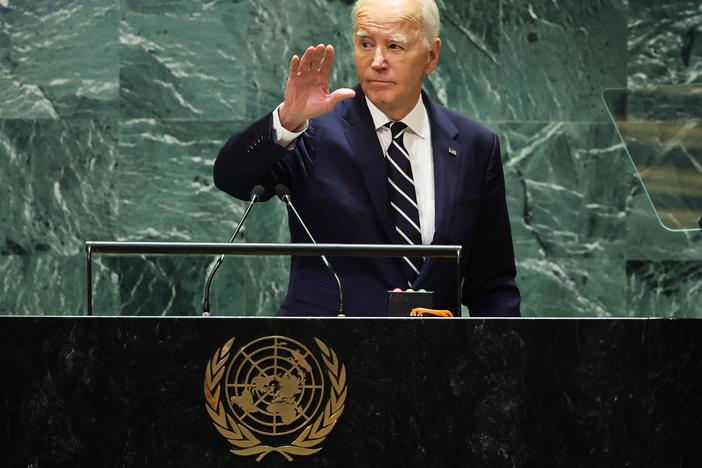 President Biden waves as he leaves the stage after his final address to the United Nations General Assembly on Sept. 24.
