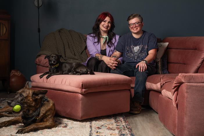 Lauren Tuvell and James Watts with their dogs Xena and Desi (left to right) at their home in Downtown Las Vegas on Sept.24, 2024.