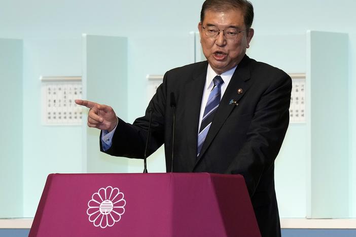Shigeru Ishiba speaks before a runoff election at the Liberal Democratic Party's (LDP) leadership election on Friday, at the party headquarters in Tokyo.
