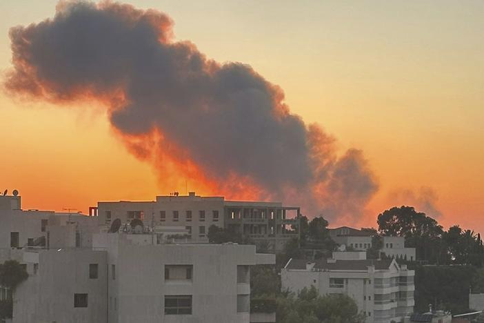 Smoke rises from Israeli airstrikes in Beirut, seen from Baabda, Friday.
