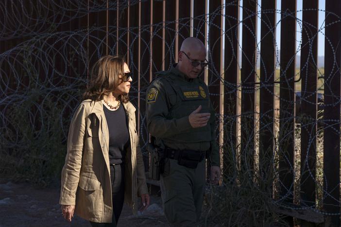 Vice President Harris visits the U.S.-Mexico border with Border Patrol Tucson Sector chief John Modlin in Douglas, Ariz., on Sept. 27, 2024.