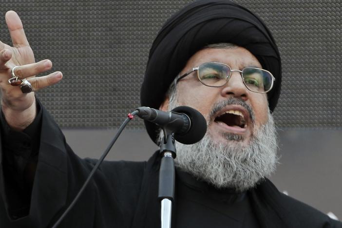 Hezbollah leader Hassan Nasrallah, speaks to the crowd in a rare public appearance during Ashura, that marks the death of Shiite Islam's Imam Hussein, in the suburbs of Beirut, on Nov. 14, 2013. Nasrallah has been killed in an Israeli airstrike in Beirut.