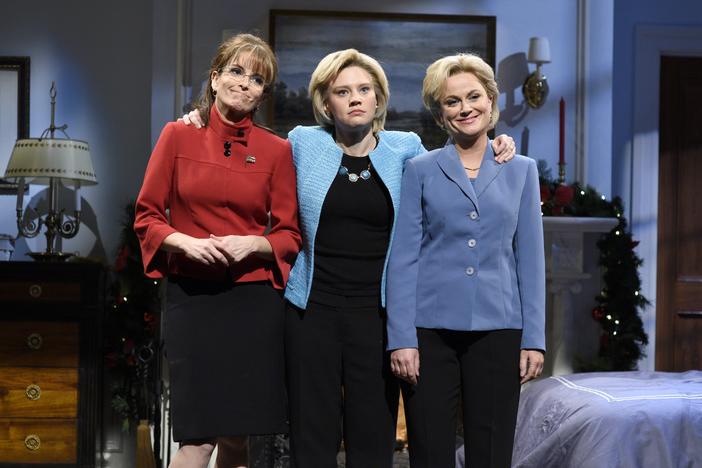 Tina Fey as Sarah Palin, Kate McKinnon as Hillary Clinton, and Amy Poehler as Hillary Clinton during the "A Hillary Christmas" sketch on December 19, 2015.