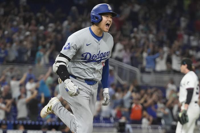 Los Angeles Dodgers' Shohei Ohtani hit his 50th homerun of the season during the seventh inning of a baseball game against the Miami Marlins on Sept. 19 in Miami.