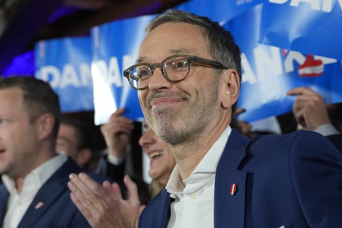 Herbert Kickl, leader of the Freedom Party of Austria, celebrates with supporters, in Vienna on Sunday, Sept. 29, 2024, after polls closed in the country's national election.