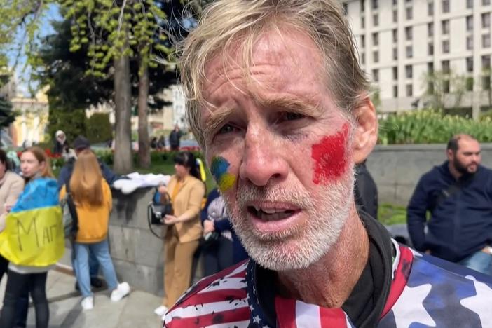 This image taken from a video shows Ryan Routh speaking during an interview at a rally in Kyiv, Ukraine on April 27, 2022. Routh is accused of trying to assassinate former President Donald Trump at his West Palm Beach, Fla., golf course on Sept. 15.
