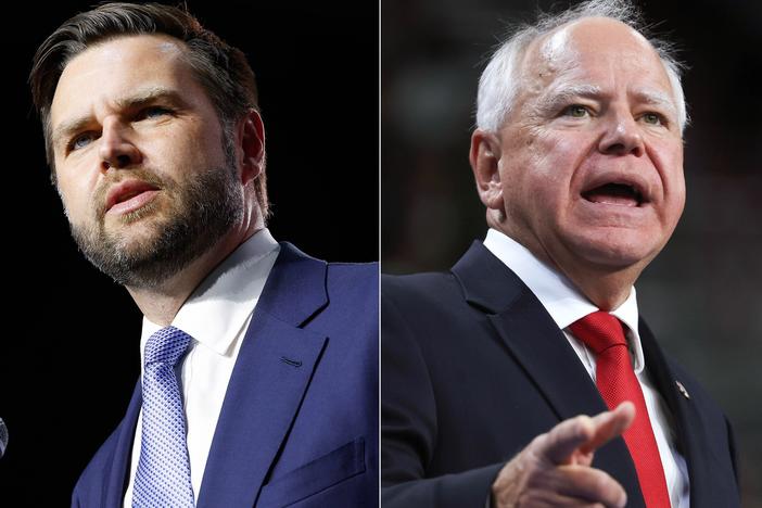 Left: Republican vice presidential nominee Sen. JD Vance of Ohio speaks at a campaign rally on July 30 in Reno, Nevada. Right: Democratic vice presidential candidate Minnesota Gov. Tim Walz speaks during a campaign rally with his running mate, Vice President Harris, at the University of Las Vegas Thomas & Mack Center on August 10 in Las Vegas.