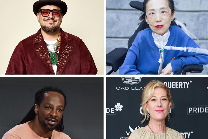 There are 22 MacArthur fellows this year. They include (clockwise from left) filmmaker Sterlin Harjo, disability justice activist Alice Wong, scholar and writer Ruha Benjamin, poet and educator Juan Felipe Herrera, artist and performer Justin Vivian Bond, and poet Jericho Brown.