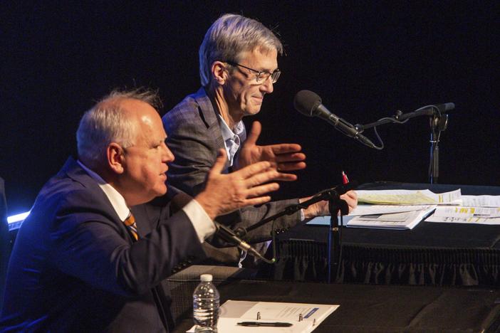 Minnesota Gov. Tim Walz (left) and gubernatorial candidate Scott Jensen engage in a gubernatorial debate at the Fitzgerald Theater on Oct. 28, 2022, in St. Paul.<br>