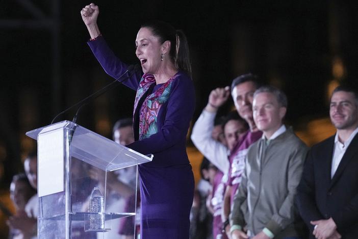 Ruling party presidential candidate Claudia Sheinbaum addresses supporters at the Zocalo, Mexico City's main square, after the National Electoral Institute announced she held an irreversible lead in the election, June 3, 2024.