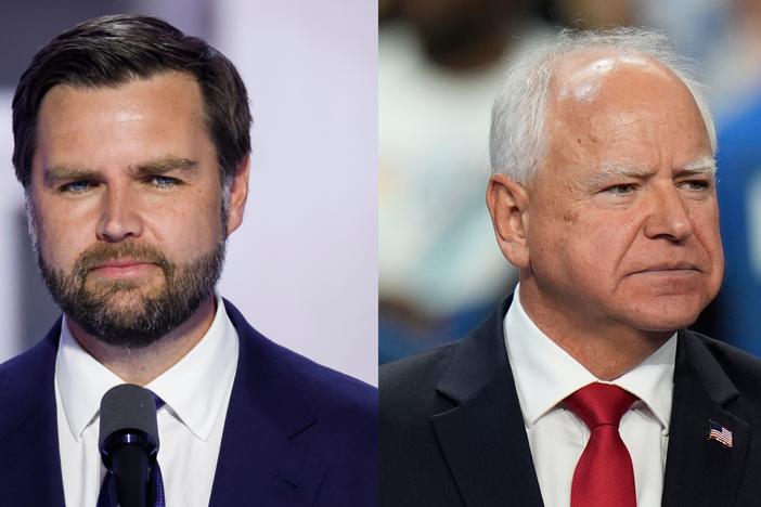 Left: Republican vice presidential candidate Sen. JD Vance (R-Ohio) speaks during the Republican National Convention in July. Right: Democratic vice presidential nominee Minnesota Gov. Tim Walz speaks at a campaign rally at the University of Nevada, Las Vegas, in August.
