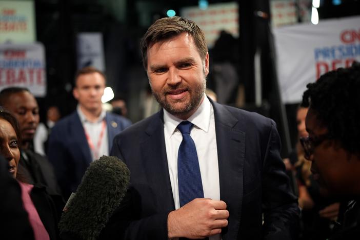 U.S. Sen. JD Vance (R-Ohio) speaks to reporters in the spin room after the CNN Presidential Debate in June 2024 in Atlanta, Ga.