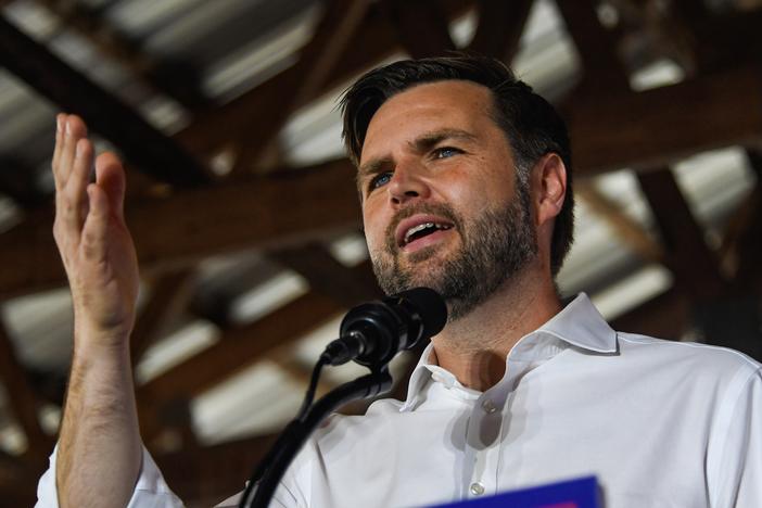 Republican vice presidential nominee JD Vance speaks to a crowd during a rally at the Berks County Fairgrounds on Sept. 21, in Leesport, Penn.