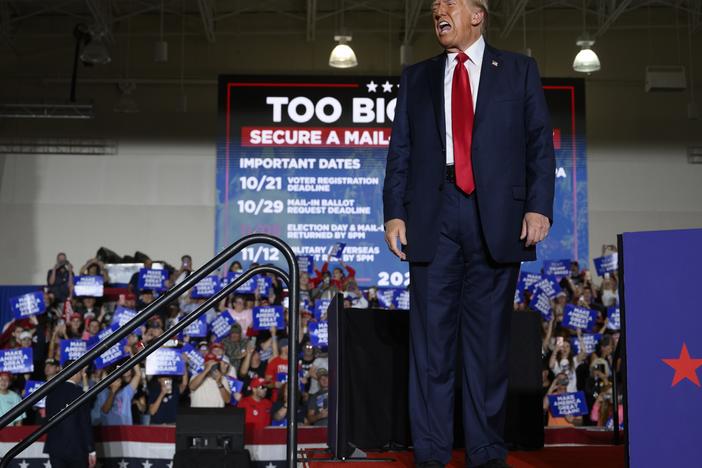 Republican presidential nominee, former President Donald Trump speaks at a campaign rally Sunday in Erie, Pennsylvania. Trump continues to campaign in battleground swing states ahead of the final day of voting on November 5, Election Day.