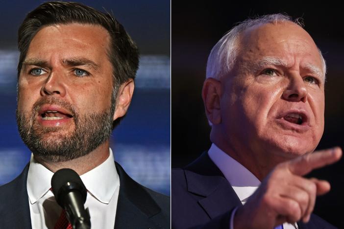 Left: Republican vice presidential nominee Sen. JD Vance delivers remarks during a campaign rally on August 6 in Philadelphia. Right: Democratic vice presidential nominee Minnesota Gov. Tim Walz speaks at the Democratic National Convention on August 21 in Chicago.