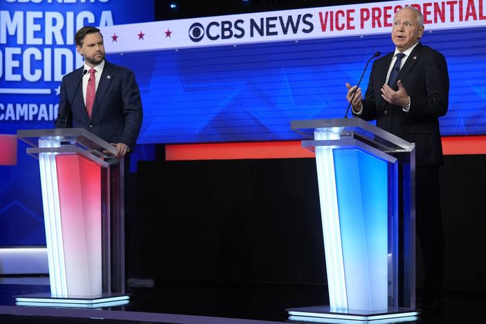 Republican vice presidential nominee Sen. JD Vance of Ohio and Democratic vice presidential nominee Minnesota Gov. Tim Walz participate in a debate hosted by CBS News on Tuesday in New York.