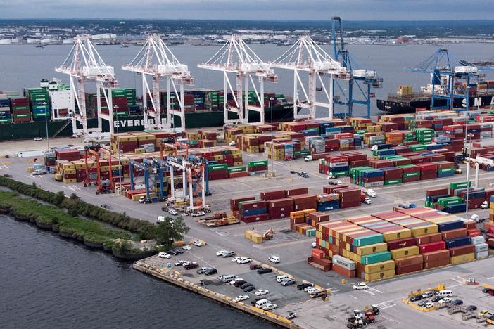 Shipping containers sit piled at the Port of Baltimore on Sept. 21, 2018.