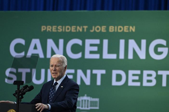 President Joe Biden speaks about student loan relief at Madison College in Madison, Wisconsin, on April 8.