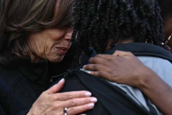 Vice President Harris consoles a woman as she toured damage from Hurricane Helene in the Meadowbrook neighborhood of Augusta, Ga., on Oct. 2.