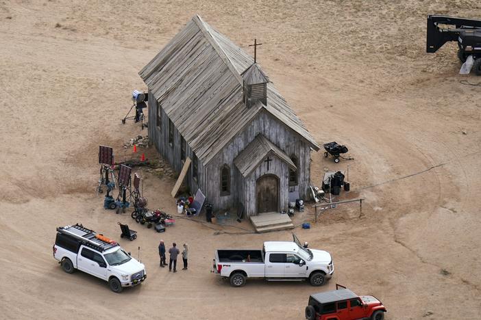 This aerial photo shows the Bonanza Creek Ranch in Santa Fe, N.M., on Oct. 23, 2021, a set location used for the film <em>Rust</em>. The Western movie will premiere for the first time next month in Poland.