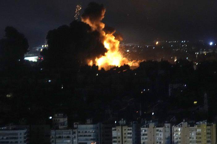 Flames rise from Israeli airstrikes in Dahiyeh, Beirut, Lebanon, Friday.