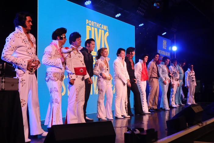 Elvis tribute artists on stage in Porthcawl in Wales.