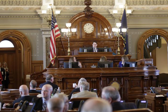 The Kansas Legislature, seen here opening its lawmaking session in January, 2020, is one of 20 states where Republicans have a "supermajority" that allows them to override vetoes by the governor. Kansas Democrats hope to break the supermajority in the November election.