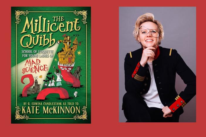 Comedian and author Kate McKinnon with the cover of her new book.
