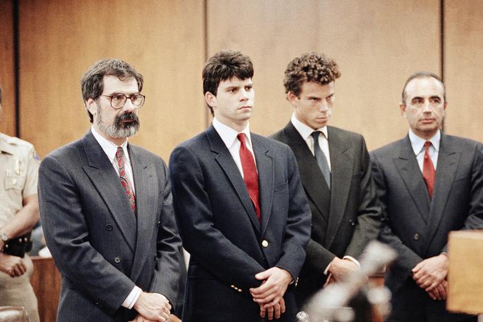 Lyle Menendez (second from left) and his brother, Erik are flanked by their attorneys Gerald Chaleff (left) and Robert Shapiro, in Beverly Hills Municipal Court in 1990.