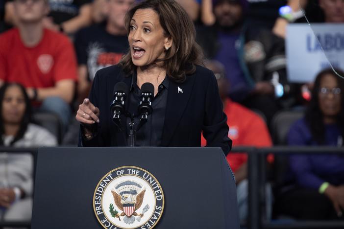 Vice President Harris speaks during a rally on Oct. 4 in Flint, Mich.