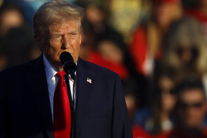 Republican presidential nominee, former President Donald Trump addresses a campaign rally at the Butler Farm Show grounds on Sunday in Butler, Pa. This was the first time that Trump has returned to Butler since he was injured during an attempted assassination on July 13.
