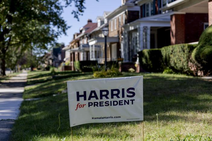 A sign supporting Kamala Harris in the Boston Edison neighborhood on Oct. 5, 2024 in Detroit, Mich.