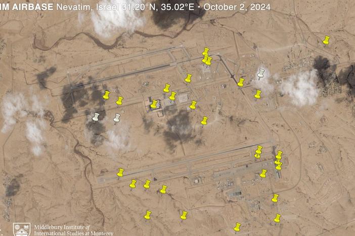 Researchers counted about 32 points where missiles landed around Nevatim Airbase in southern Israel. Israel says no fighter jets were destroyed and the base continues to operate.