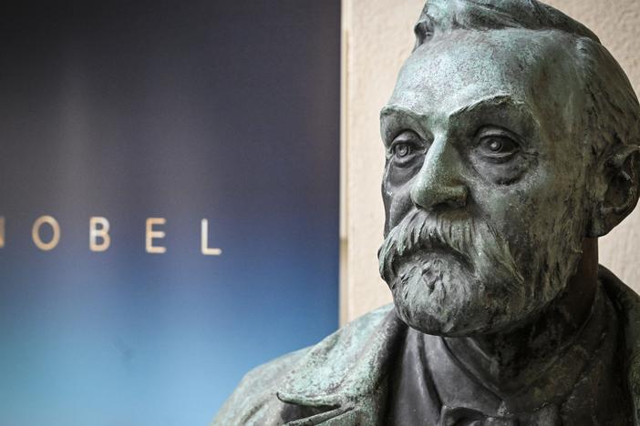 A bust of Alfred Nobel on display following a press conference at the Karolinska Institute in Stockholm, Sweden, on Monday.