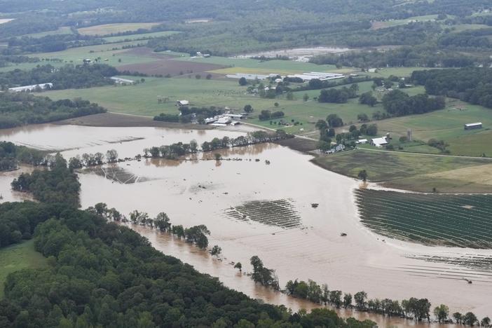 An aerial view shows flood damage left by Hurricane Helene along the Nolichucky River in norteastern Tennessee on Sept. 28. ecovery has been slow in the mountainous area of eastern Tennessee and western North Carolina.