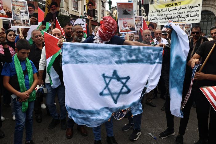 Palestinian protesters attend a rally to mark the first anniversary of Palestinian militant group Hamas' Oct. 7, 2023, attack on Israel, in Ramallah in the occupied West Bank on Monday.