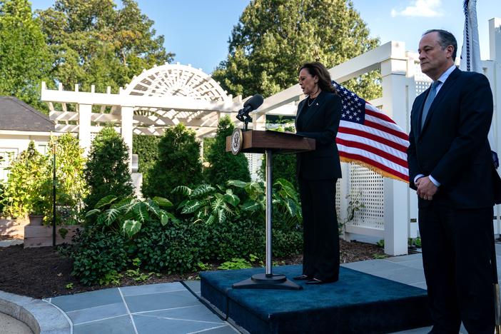 Vice President Harris speaks at the vice president's residence at the U.S. Naval Observatory on Oct. 7, in Washington, D.C. Harris and second gentleman Doug Emhoff marked the one-year anniversary of the Oct. 7 attacks in Israel by planting a memorial tree.