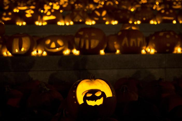 An installation of 3,000 candle-lit pumpkin blankets on the canal side steps at Granary Square on Oct. 31, 2014, in London, England.