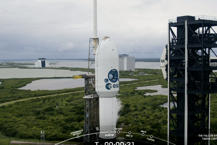 An image captured from a SpaceX livestream shows the European Space Agency's Hera spacecraft preparing to lift off on a SpaceX Falcon 9 rocket from Cape Canaveral Space Force Station in Florida on Monday.