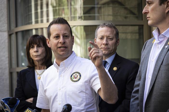 Reps. Jared Moskowitz, Kathy Manning, Josh Gottheimer and Dan Goldman speak at a press conference in April about allegations of harassment and antisemitism against Jewish students at Columbia University.