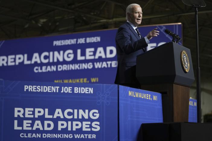 President Biden speaks at an event at the Milwaukee Department of Public Works in Milwaukee, Tuesday, Oct. 8, 2024, to discuss his administration's progress in replacing lead pipes in Wisconsin and across the country.