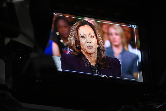 Vice President Harris appears on screen during a taping with Oprah Winfrey on Sept. 19. Harris is on a media blitz this week that includes stops on <em>The View </em>on ABC<em>,</em> <em>The Howard Stern Show</em> and <em>The Late Show With Stephen Colbert</em> on CBS.